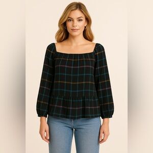 LOFT Plaid Peasant Top Black Multicolor Long‎ Sleeve Blouse L